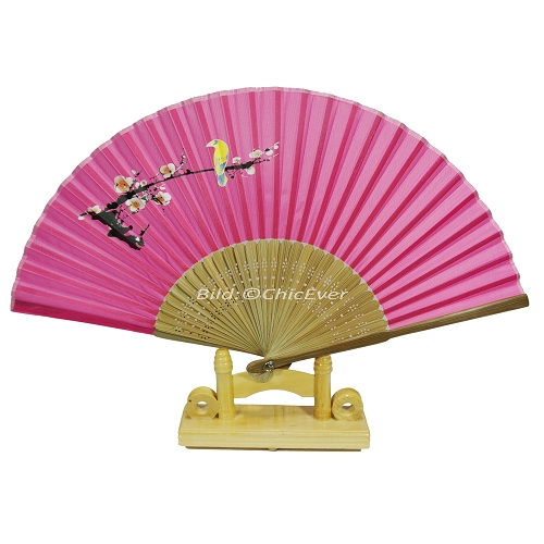 Fächer Handfächer aus Bambus & Baumwolle braun pink gelb Blumen Vogel Handarbeit 7296 - zum Schließen ins Bild klicken